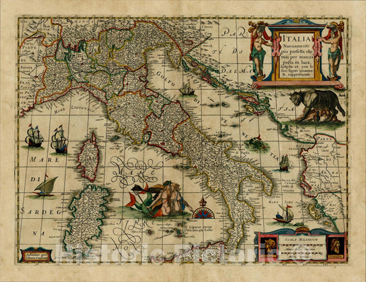 Historic Map : Italia Nuovamente piu perfetta che mai per inanzi posta in luce, scolpita et con le suoi figure uiuamente rappresetnate, 1635, Jan Jansson, Vintage Wall Art