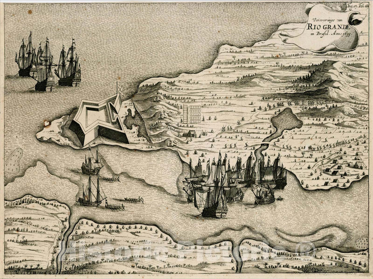 Historic Map : Veroveringe van Rio Grande in Brasil. Anno 1633, c1650, , Vintage Wall Art