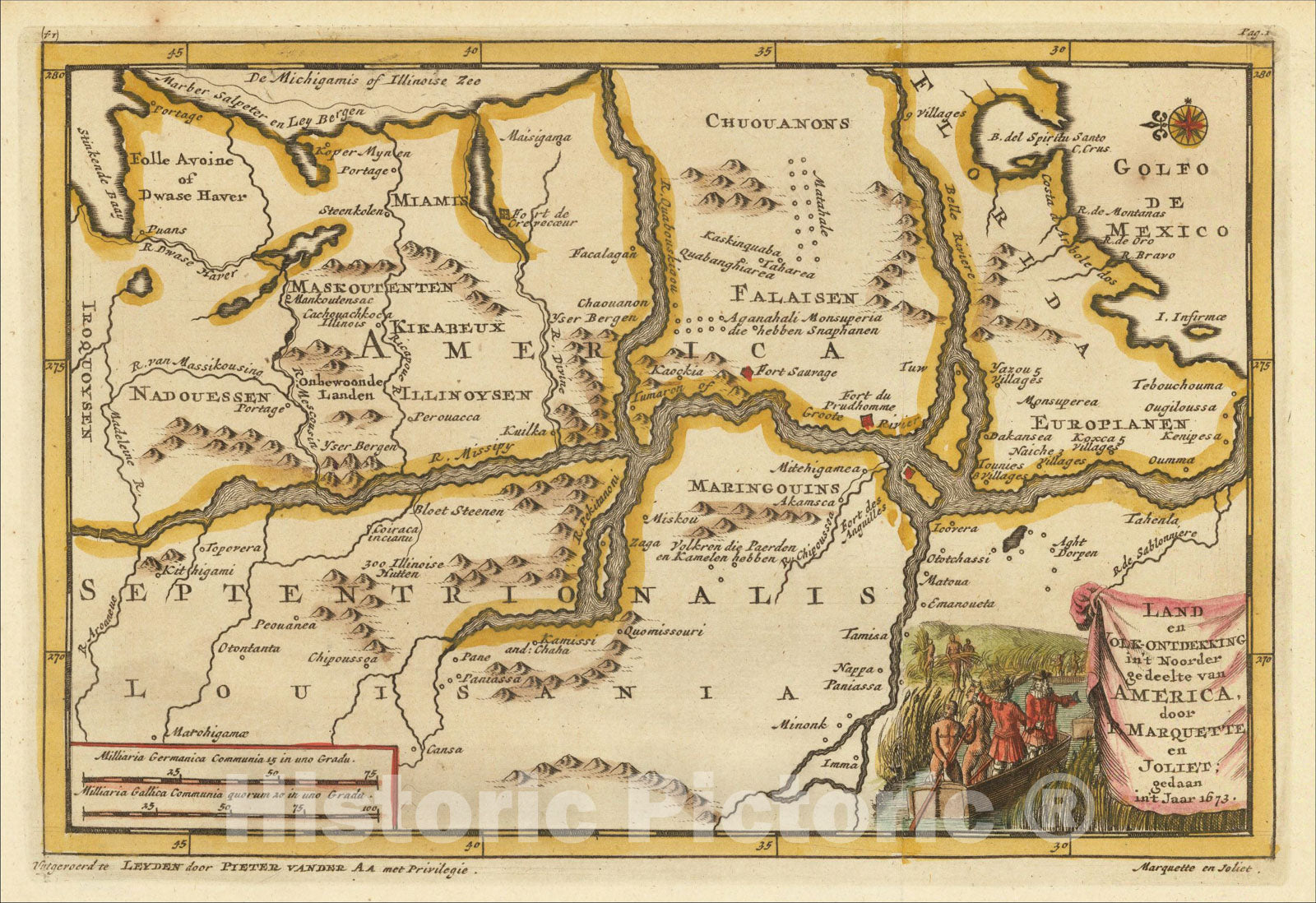 Historic Map : Early Map of the Mississippi River, 1707, Pieter van der Aa, Vintage Wall Art