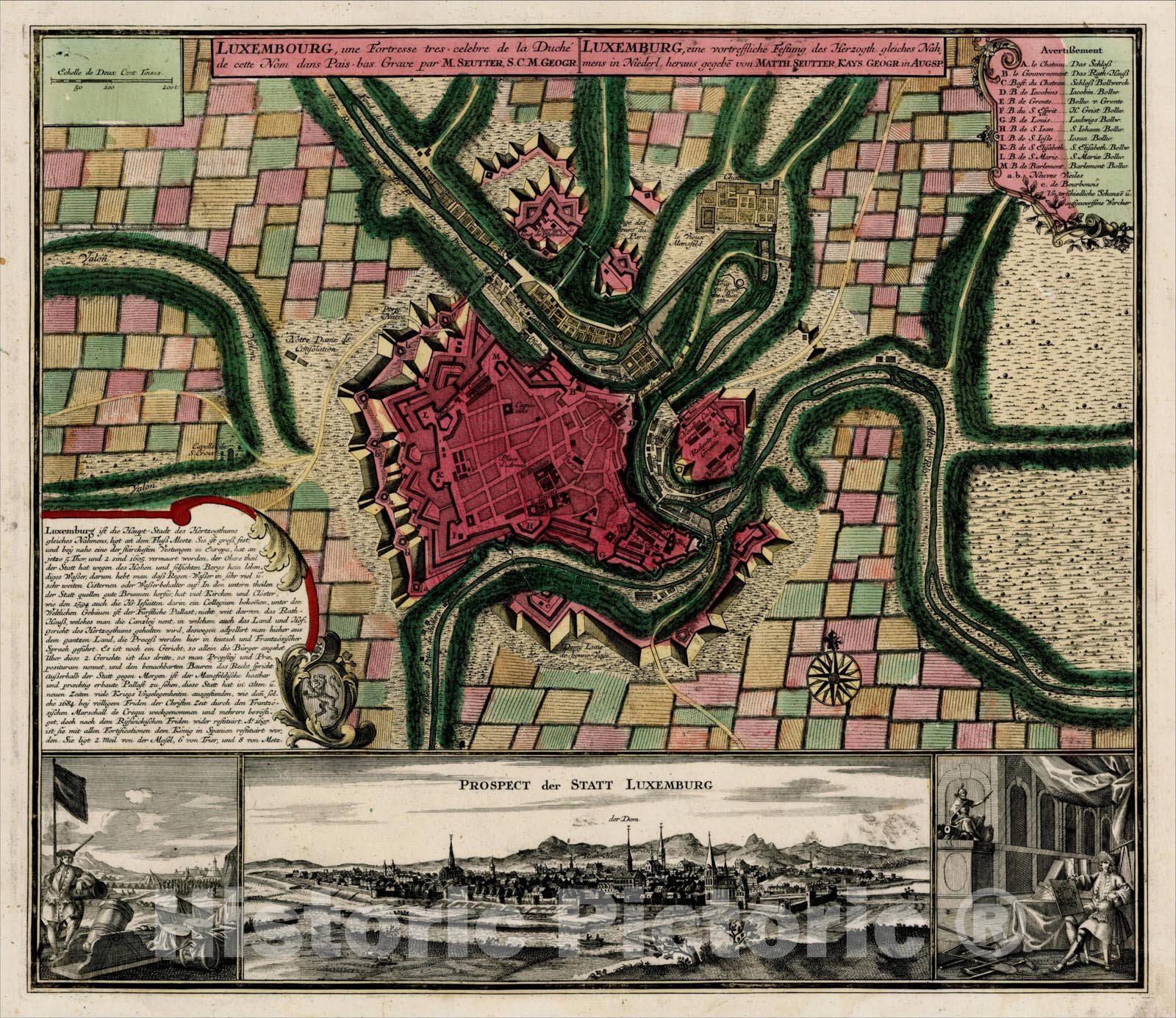 Historic Map : Luxembourg, une Fortresse tres-celebre de la Duche de Cette Nom dans Pais-bas, c1730, Matthaus Seutter, Vintage Wall Art