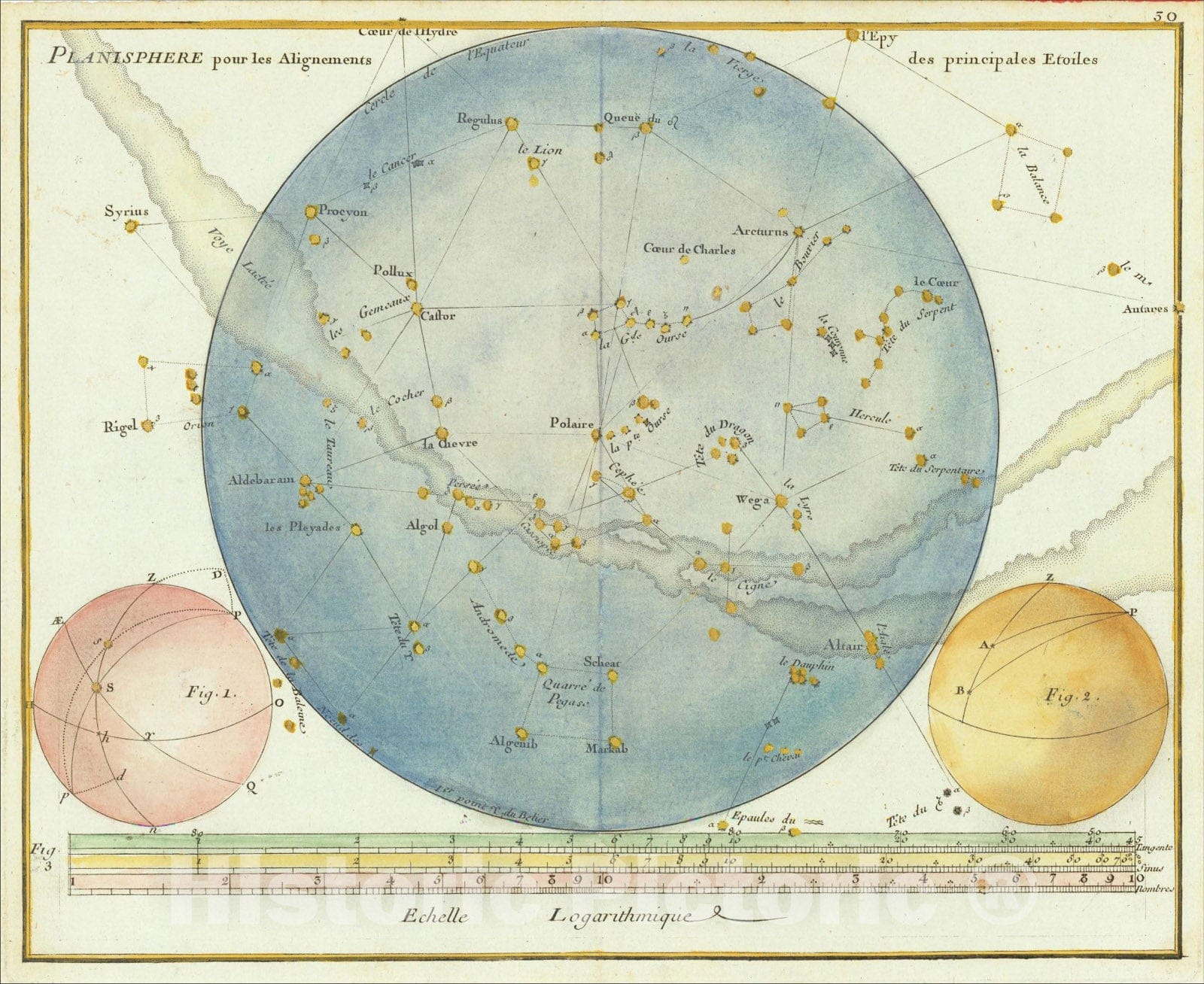 Historic Map : Planisphere pour les Alignements des principales Etoiles, 1776, John Flamsteed, Vintage Wall Art