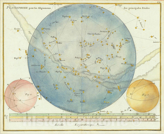Historic Map : Planisphere pour les Alignements des principales Etoiles, 1776, John Flamsteed, Vintage Wall Art