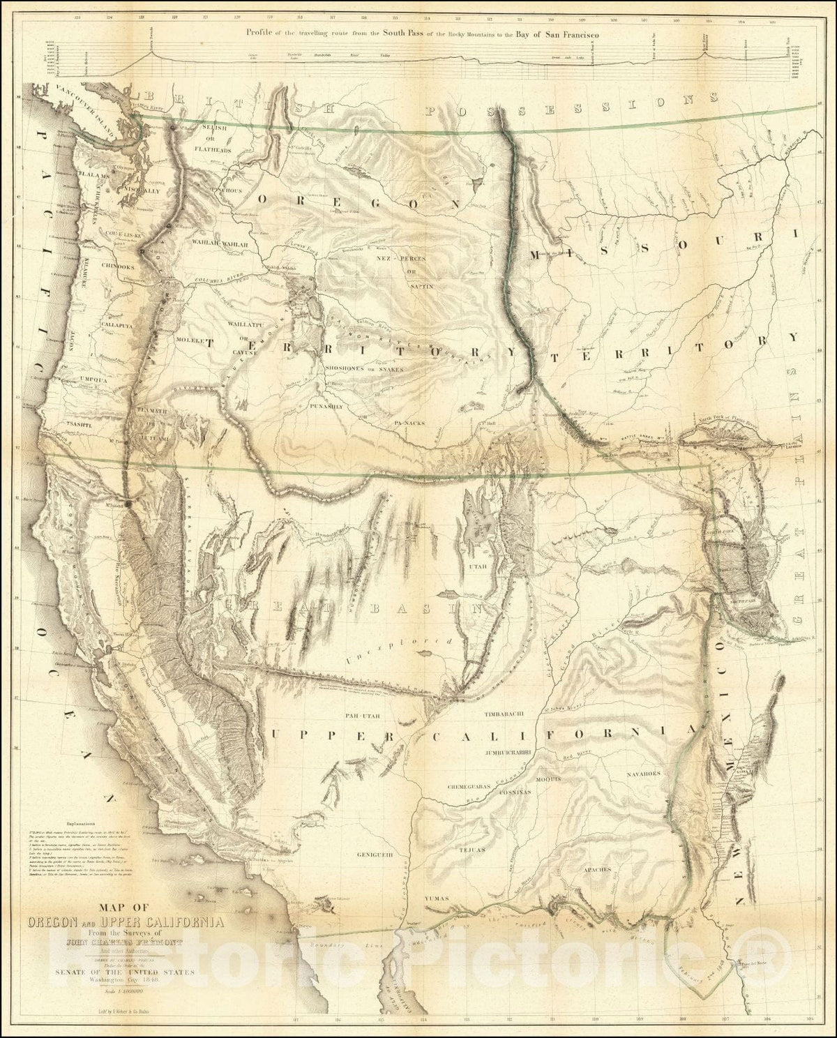 Historic Map : Map of Oregon and Upper California from the surveys of John Charles Fremont and others authorities drawn by Charles Preus, 1848, Vintage Wall Art