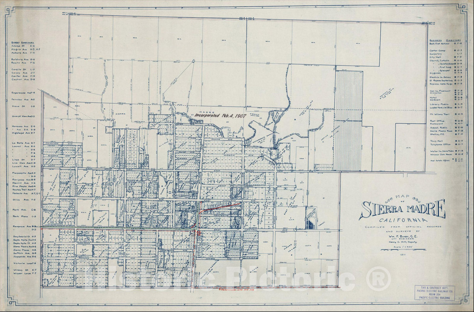 Historic Map : Map of Sierra Madre California Compiled From Official Records And Surveys, 1911, William F. Bixby, Vintage Wall Art