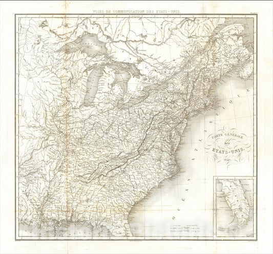 Historic Map : Carte Generale des Etats-Unis 1840, 1840, Pierre Antoine Tardieu, Vintage Wall Art