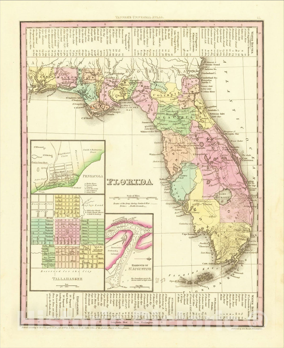Historic Map : Florida, 1839, Henry Schenk Tanner, Vintage Wall Art