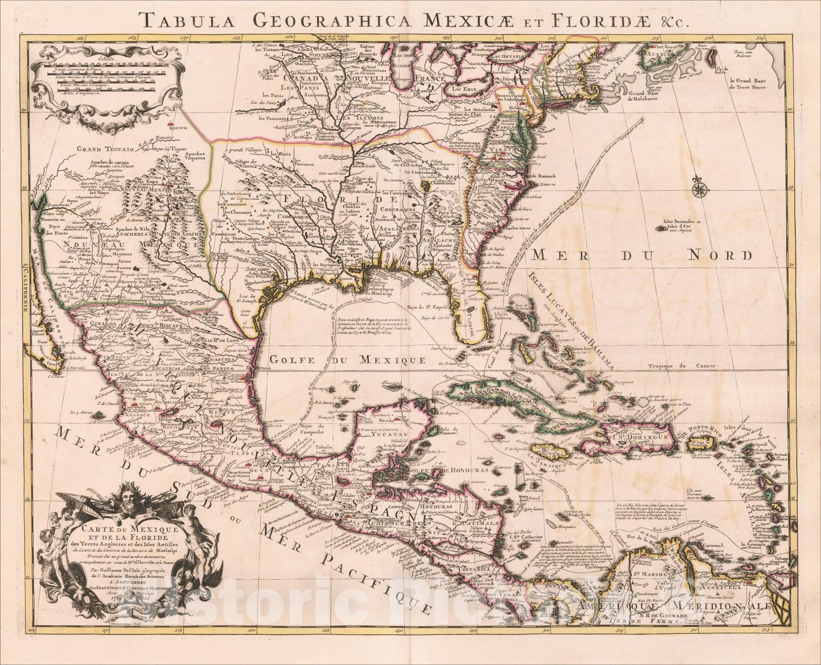 Historic Map : Carte Du Mexique et de la Floride des Terres Angloises et des Isles Antilles du Cours et des Environs de la Riviere Mississipi, 1722, 1722, Vintage Wall Art