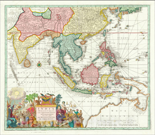 Historic Map : India Orientalis cum Adjacentibus Insulis Nova Delineatione ob oculos posita , 1730, Matthaus Seutter, Vintage Wall Art
