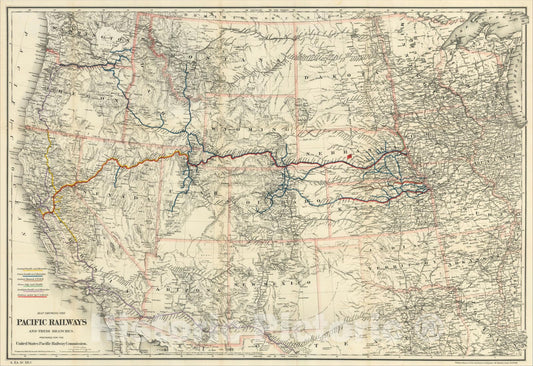 Historic Map : Map Showing The Pacific Railways and Their Branches. Prepared for the United States Pacific Railway Commission., 1887, v3, Vintage Wall Art