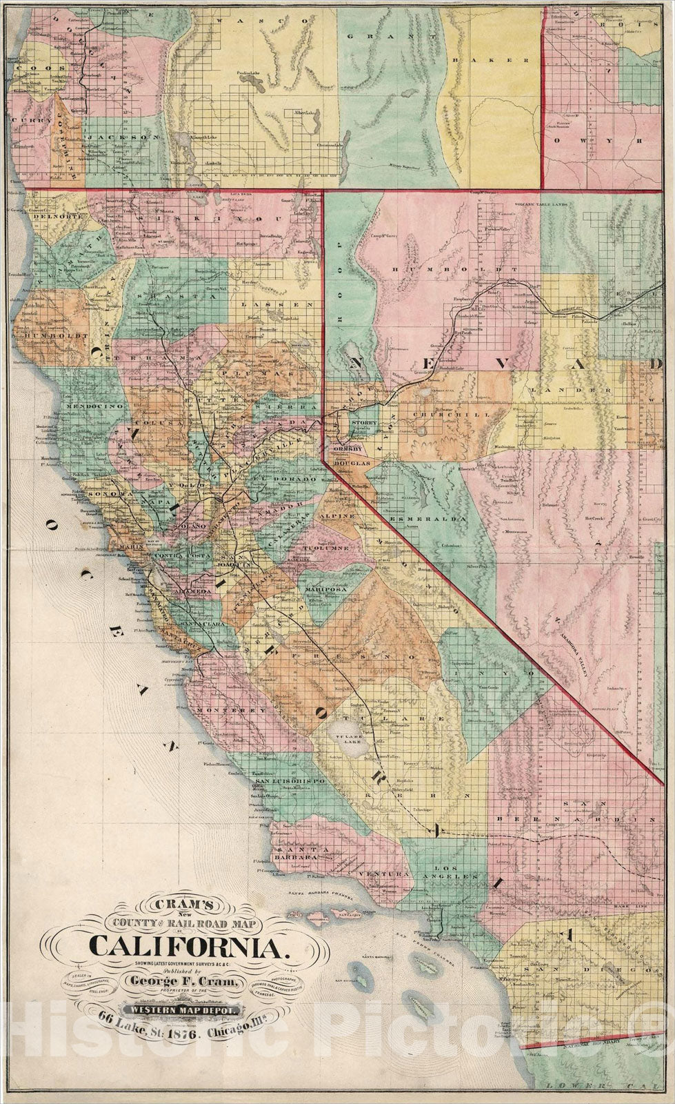 Historic Map : Cram's New County and Railroad Map of California. Showing Latest Government Surveys &c. &c., 1876, 1876, George F. Cram, Vintage Wall Art