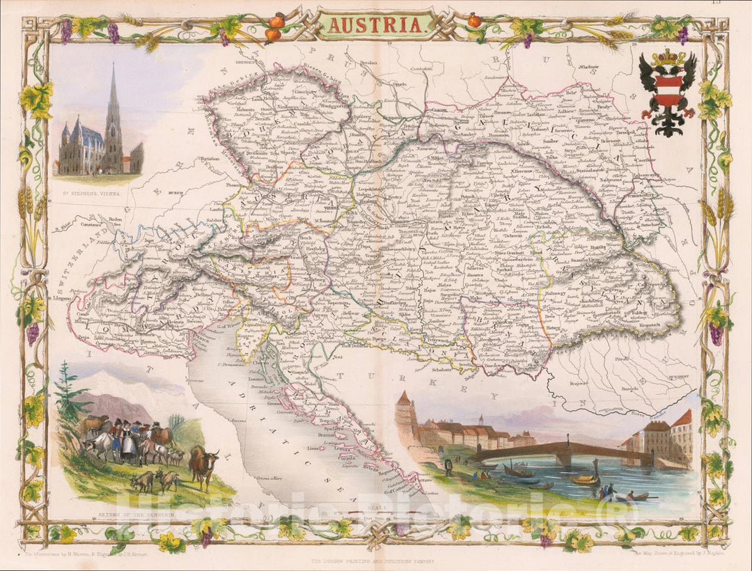 Historic Map : Austria, 1851, John Tallis, v2, Vintage Wall Art