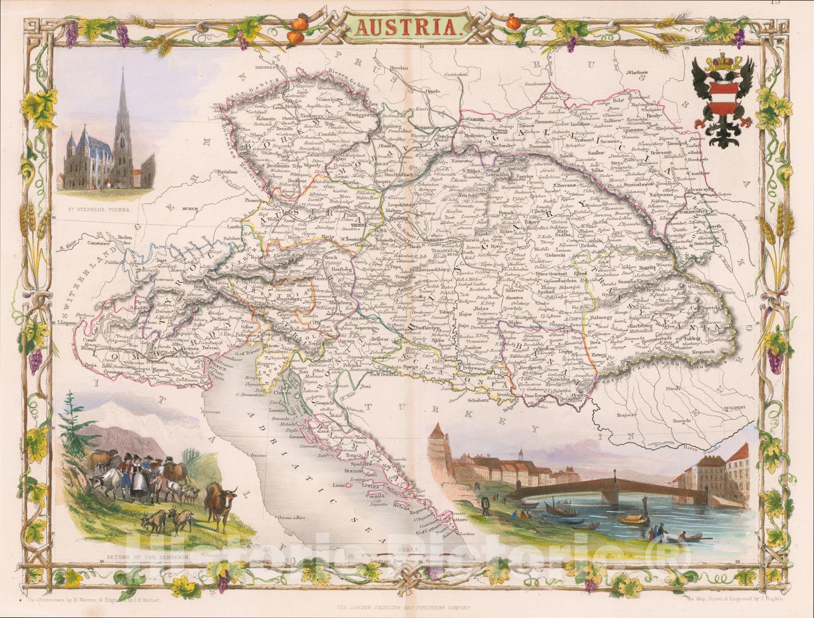 Historic Map : Austria, 1851, John Tallis, v2, Vintage Wall Art