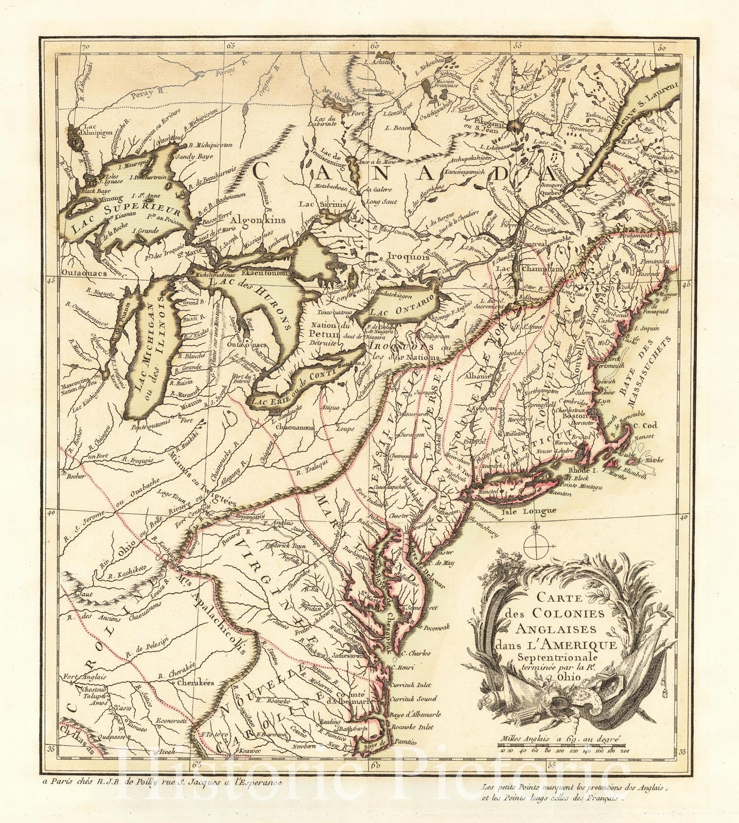 Historic Map : First French Map of the French and Indian War, c1754, N. J. B. de Poilly, Vintage Wall Art