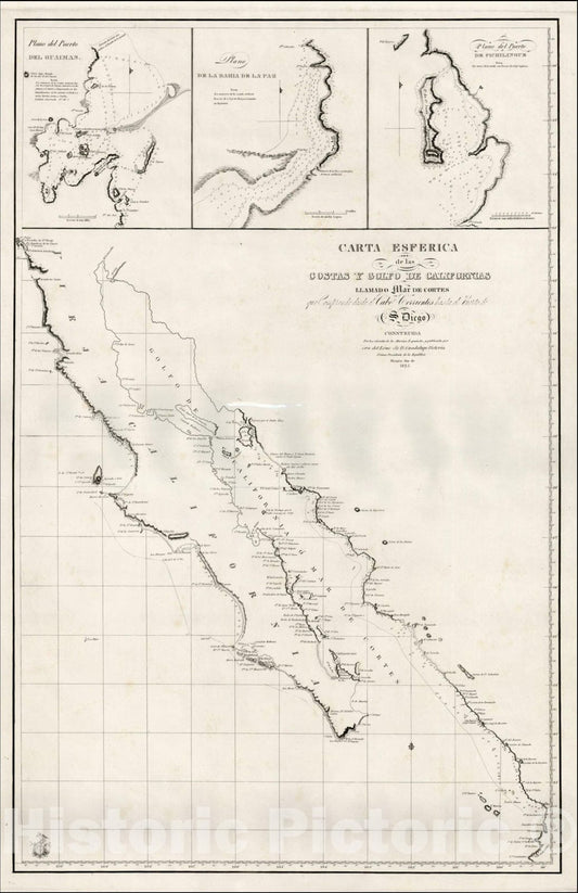 Historic Map : Carta Esferica de las Costas y Golfo De Californias Llamado Mar De Cortes, Mexico City, Aaron Arrowsmith, v2, Vintage Wall Art