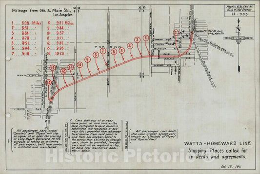 Historic Map : Watts-Homeward Line. Stopping Places called for in deeds and agreements. Oct 12. 1911, 1911, , Vintage Wall Art
