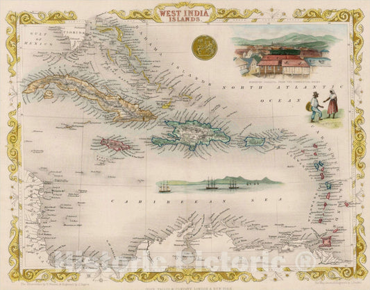 Historic Map : West India Islands, 1851, John Tallis, v3, Vintage Wall Art