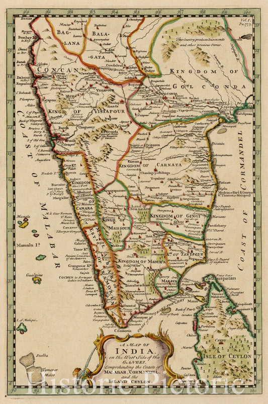 Historic Map : A Map of India on the West Side of the Ganges, Comprehending the Coasts of Malabar, Cormandel and the Island of Ceylon, 1744, Emanuel Bowen, Vintage Wall Art