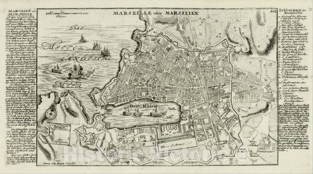 Historic Map : Marseille oder Marsilien, 1762, Christian Friedrich von der Heiden, Vintage Wall Art