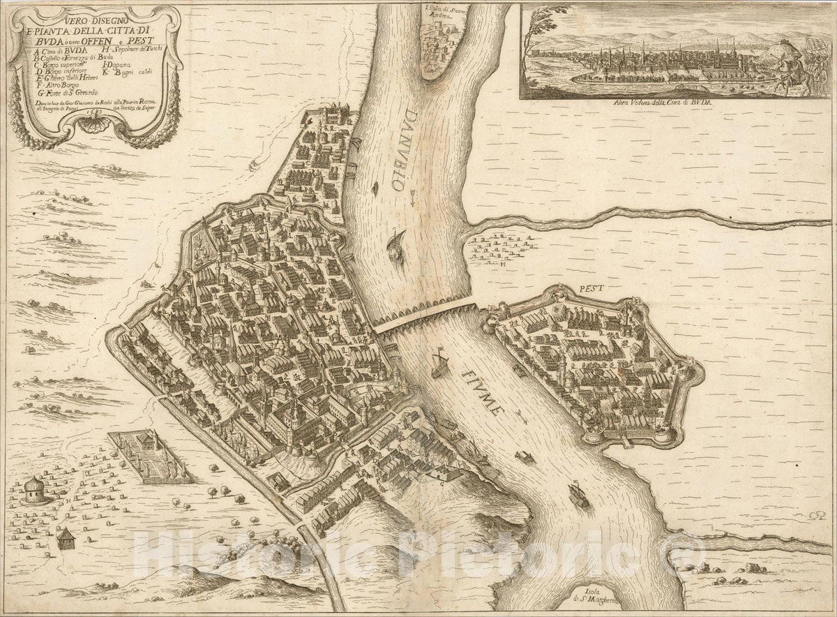 Historic Map : Vero Disegno E Pianta Della Citta Di Buda overo Offen e Pest, 1683, 1683, Giacomo Giovanni Rossi, Vintage Wall Art