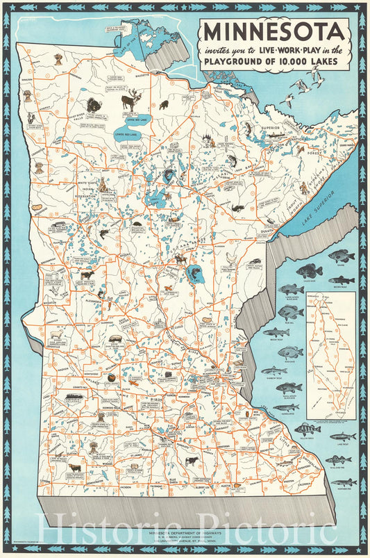 Minnesota - Pictorial Fish and Agriculture Map, 1935 circa | Historical Map Print