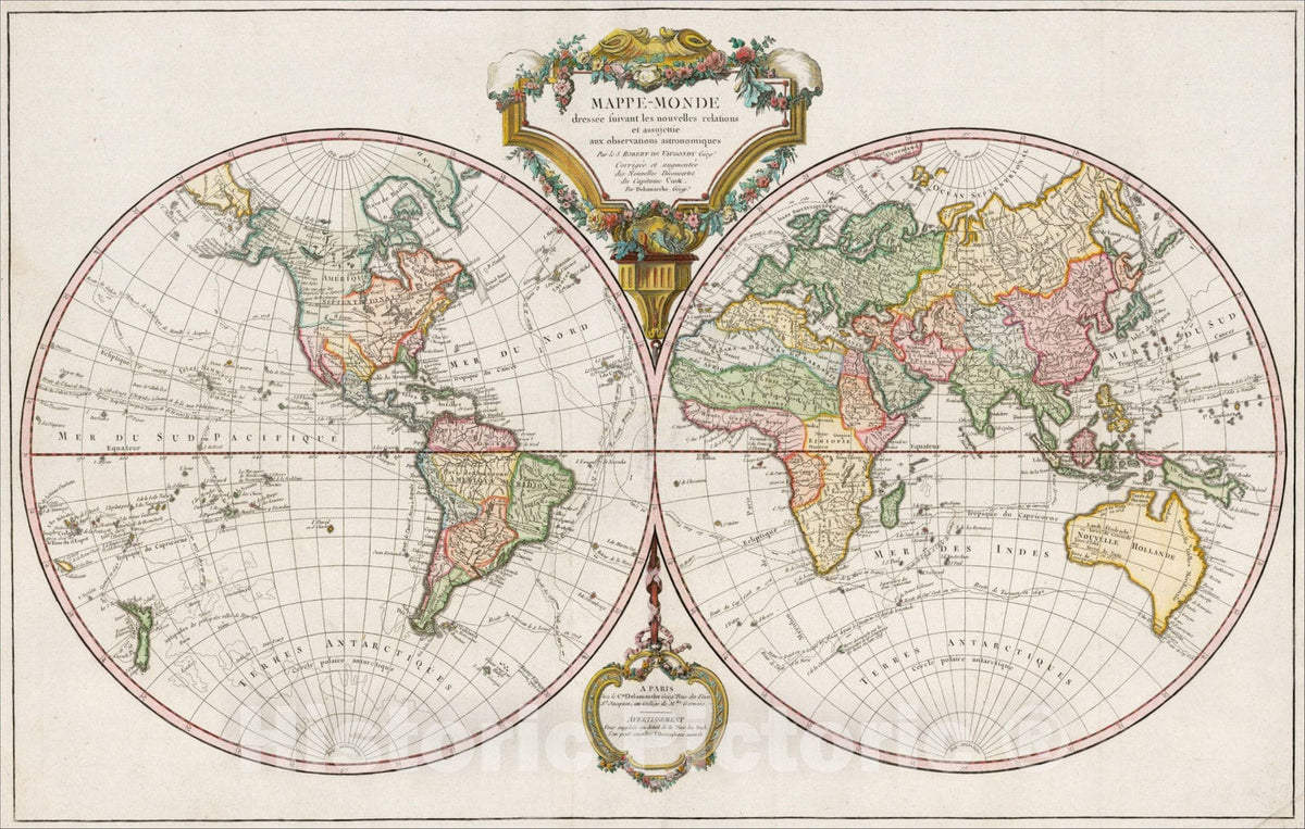 Historic Map : Mappe-Monde dressee suivant les nouvelles relations et assujettie aux observations astronomiques, c1785, , Vintage Wall Art