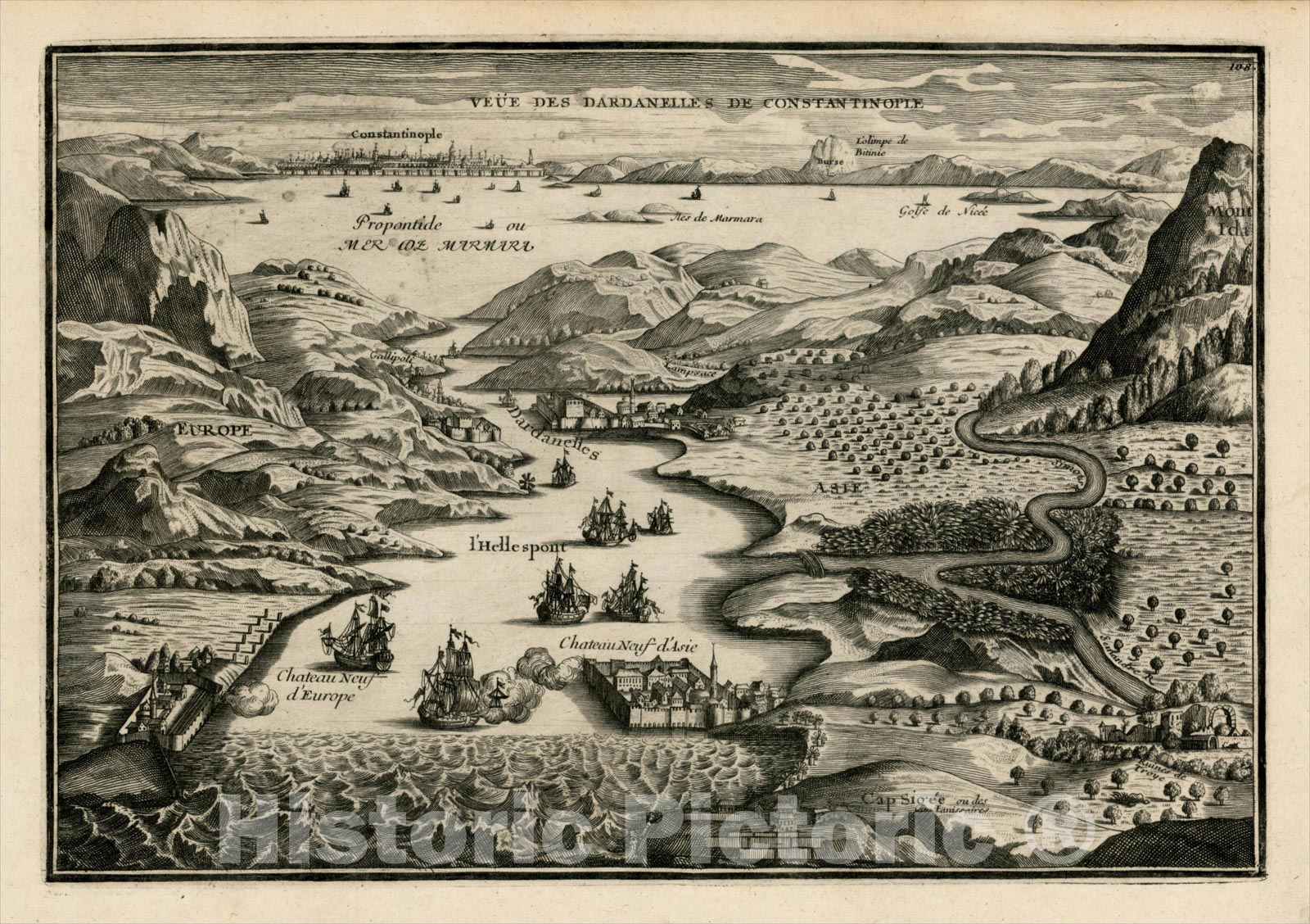 Historic Map : Veue Des Dardanelles De Constantinople, 1705, Nicolas de Fer, v2, Vintage Wall Art
