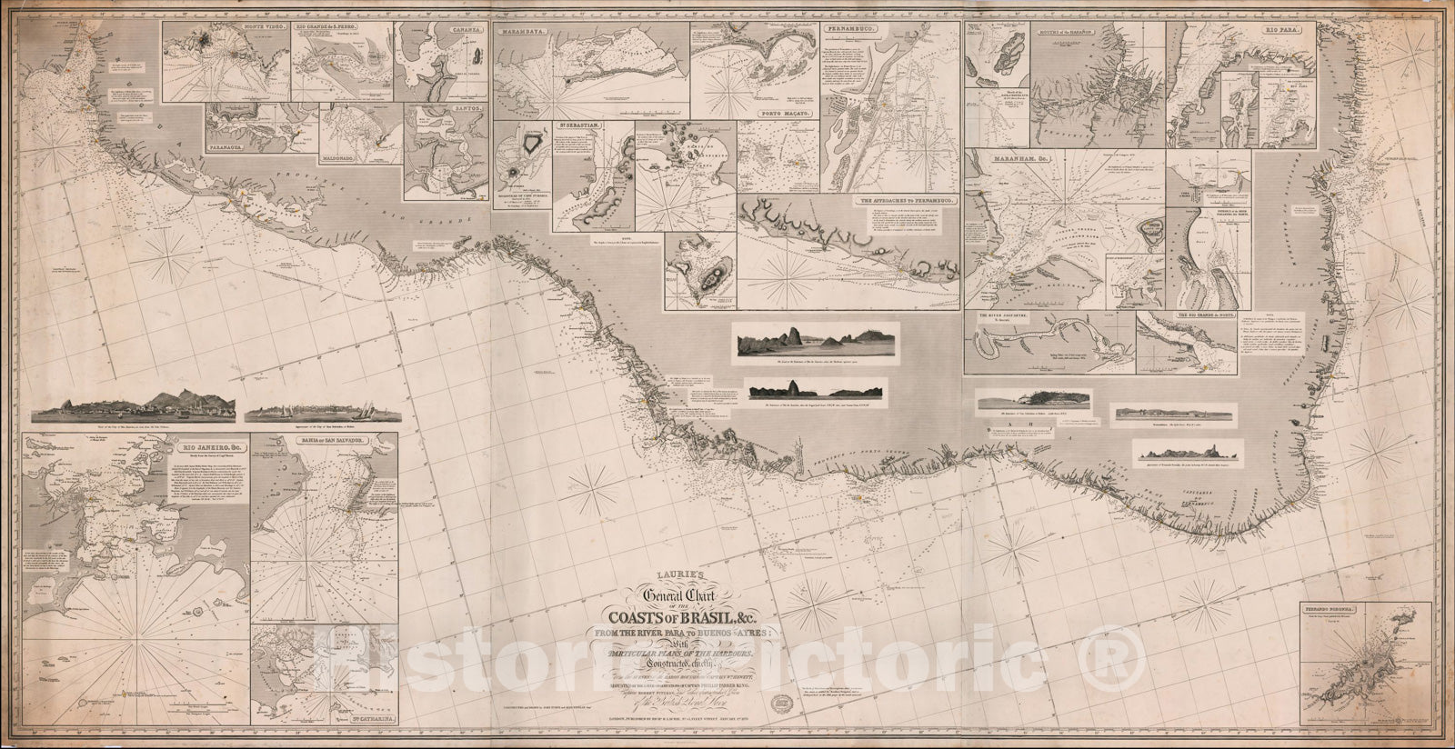 Historic Map : Laurie's General Chart of the Coasts of Brasil, From The River Para to Buenos-Ayres; With Particular Plans of the Harbours., 1870, Vintage Wall Art