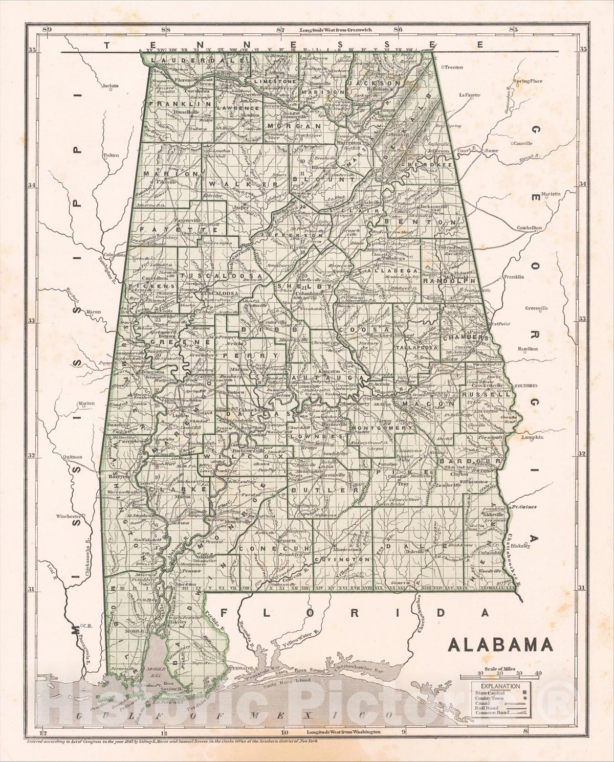 Historic Map : Alabama, 1842, Sidney Morse, v2, Vintage Wall Art