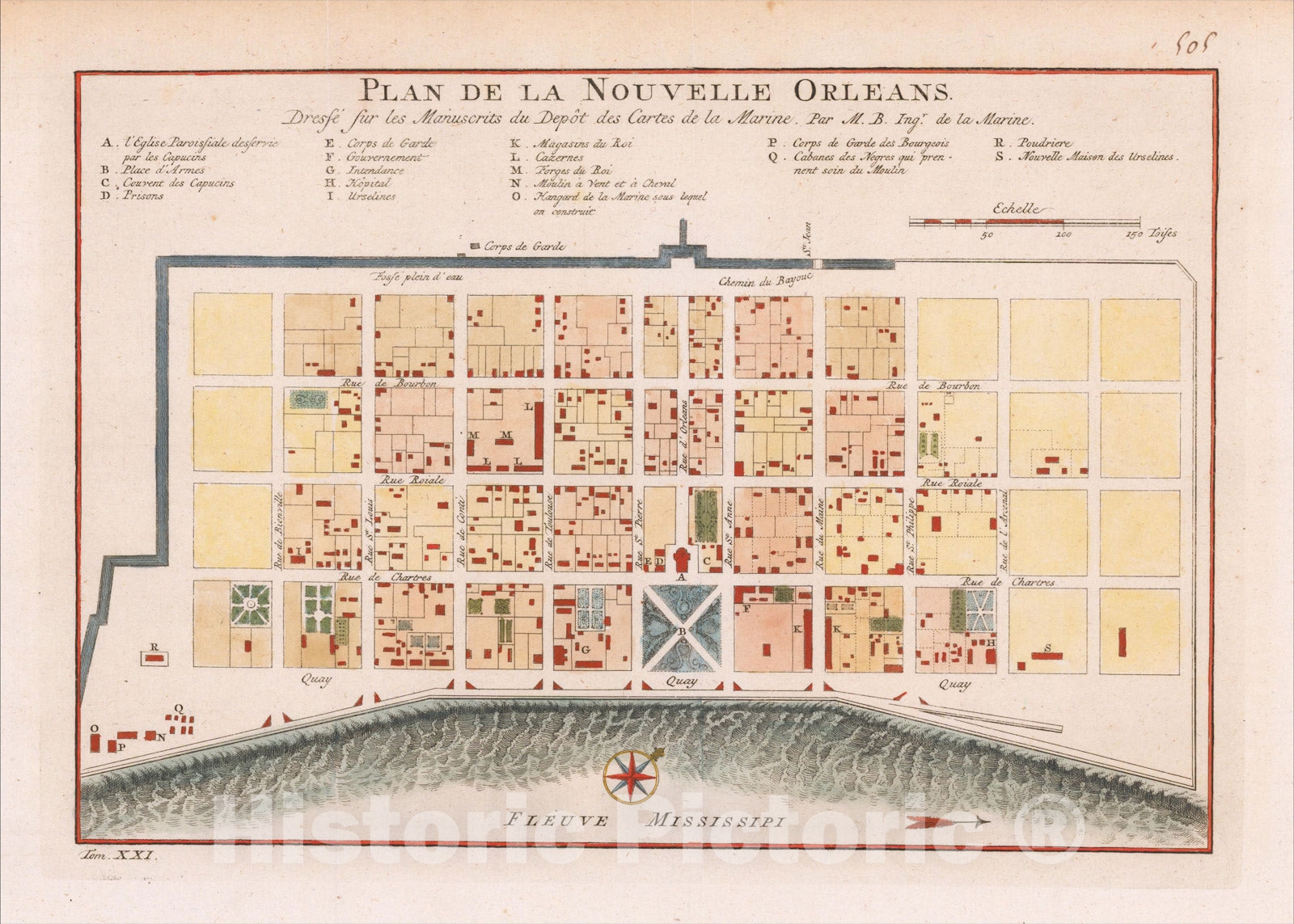 Historic Map : Plan De La Nouvelle Orleans Sur les Manuscrits du Depot des Cartes De la Marine, c1755, Jacques Nicolas Bellin, Vintage Wall Art