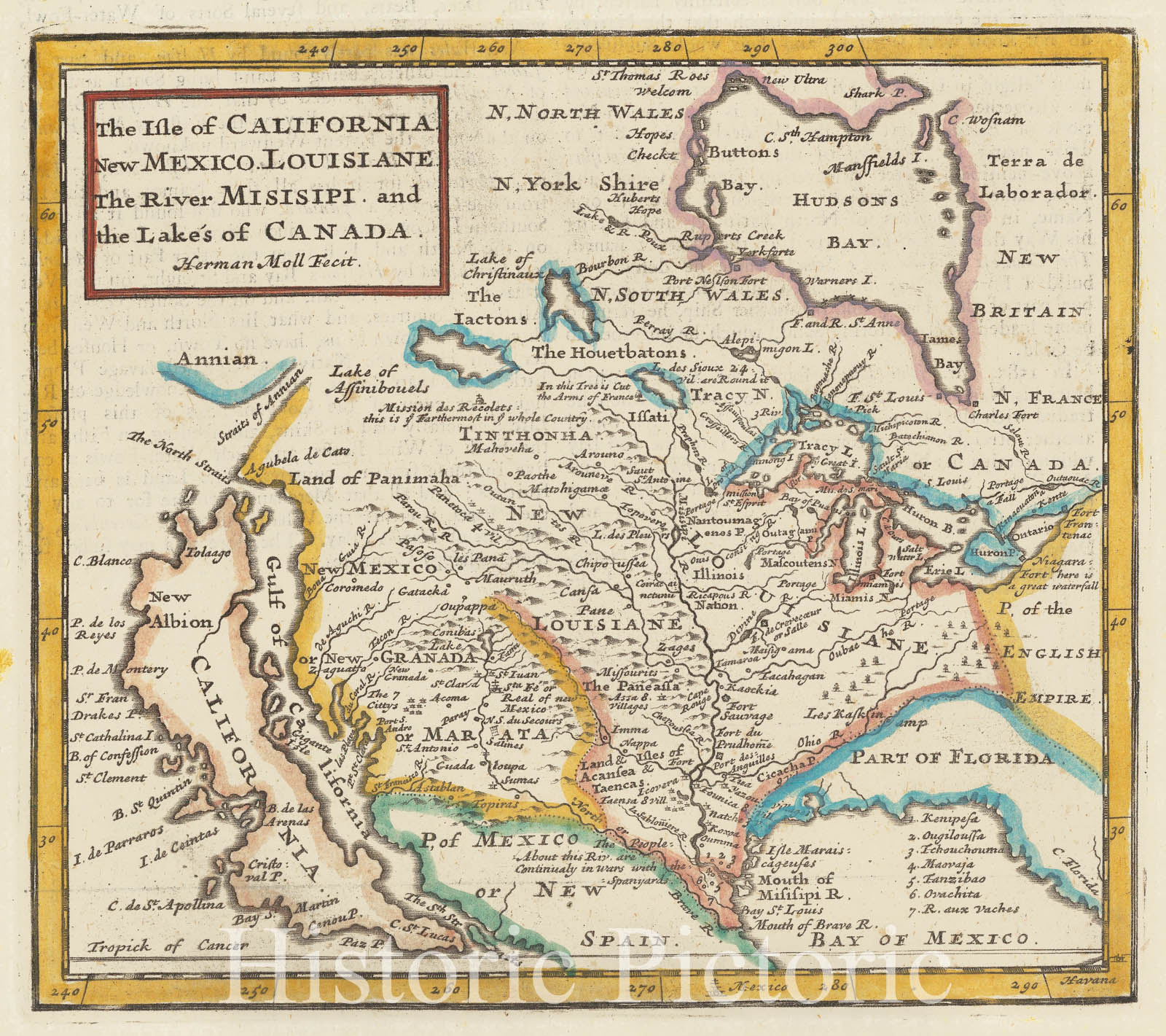Historic Map : The Isle of California, New Mexico, Louisiane, The River Misisipi and the Lakes of Canada?, 1701, Herman Moll, Vintage Wall Art