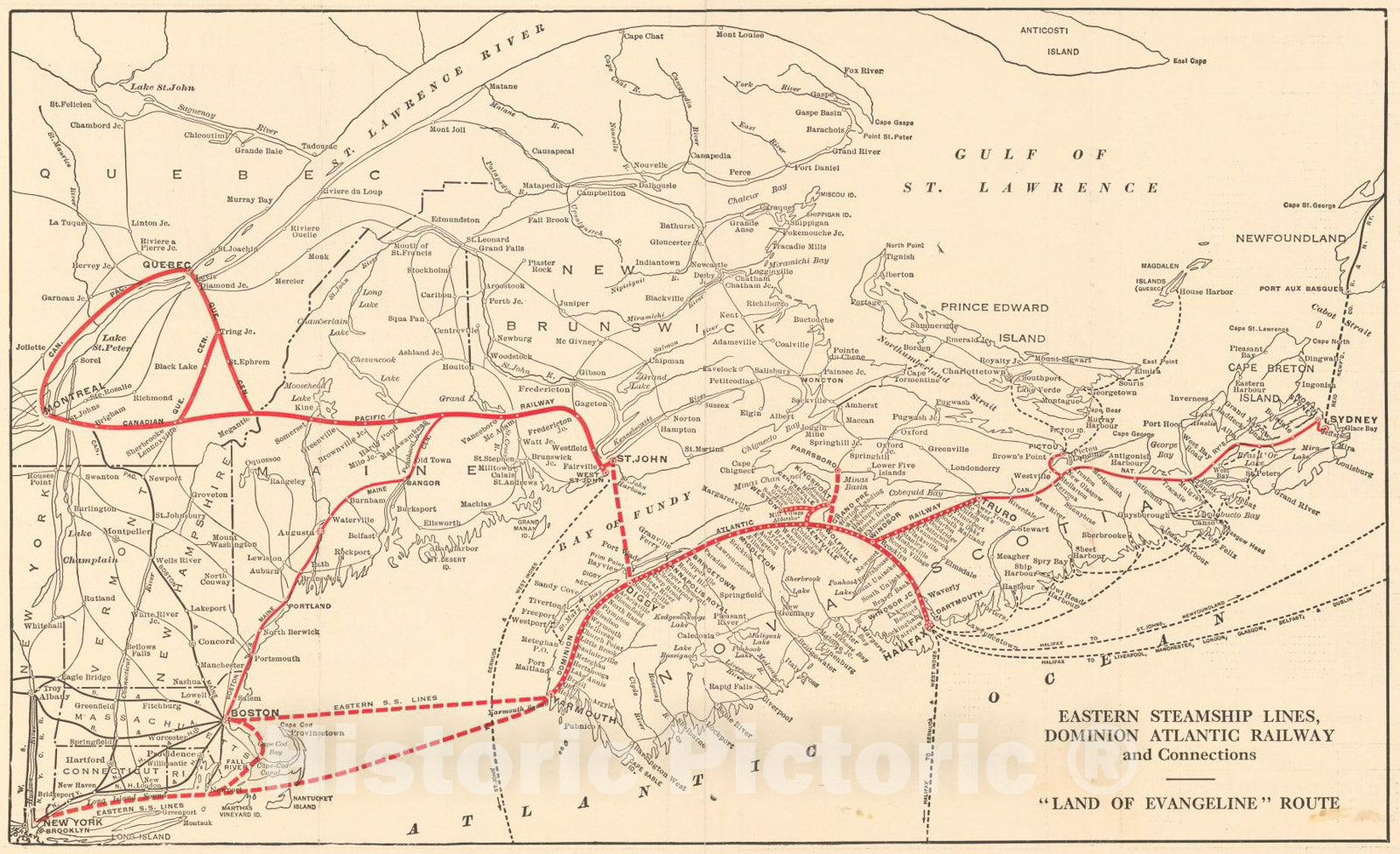 Historic Map : Eastern Steamship Lines, Dominon Atlantic Railway and Connections -- Land of Evangeline Route, 1930, Dominion Atlantic Railway, Vintage Wall Art