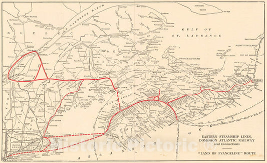 Historic Map : Eastern Steamship Lines, Dominon Atlantic Railway and Connections -- Land of Evangeline Route, 1930, Dominion Atlantic Railway, Vintage Wall Art