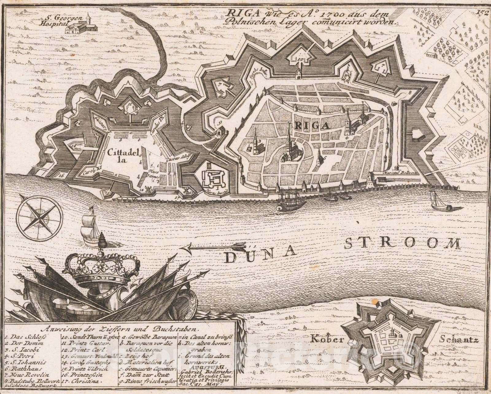 Historic Map : Riga wie es A.o 1700 aus dem Polnischen Lager comuniciert worden, 1720, Gabriel Bodenehr, Vintage Wall Art