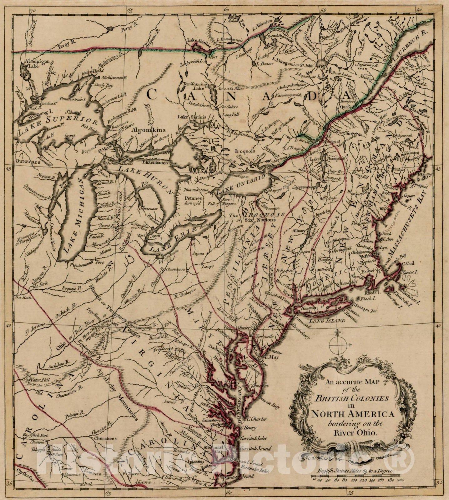 Historic Map : An accurate Map of the British Colonies in North Ameria bordering on the River Ohio, 1754, Vintage Wall Art