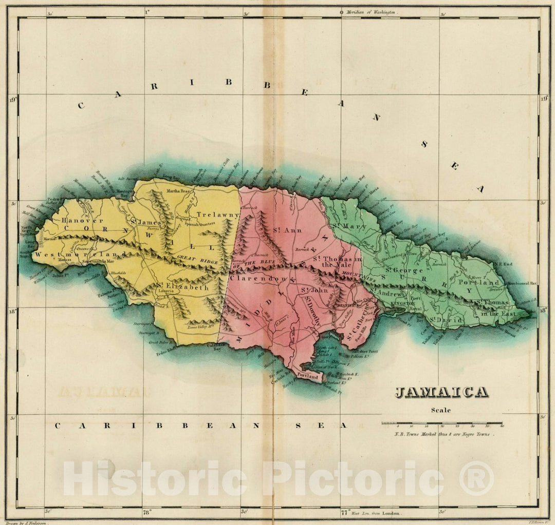 Historic Map : Geographical, Statistical and Historical Map of Jamaica, 1823, Henry Charles Carey, Vintage Wall Art