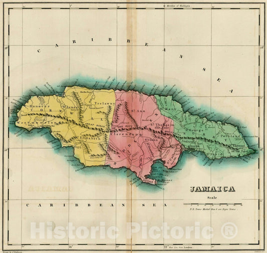 Historic Map : Geographical, Statistical and Historical Map of Jamaica, 1823, Henry Charles Carey, Vintage Wall Art