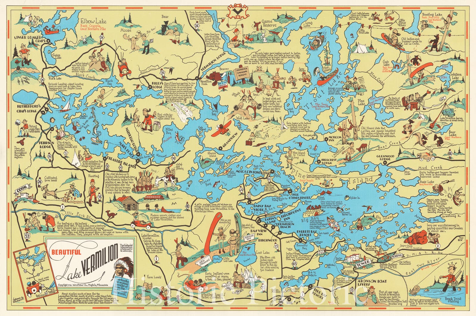 Historic Map : Beautiful Lake Vermillion . . .1938, 1938, Frank Antoncich, Vintage Wall Art