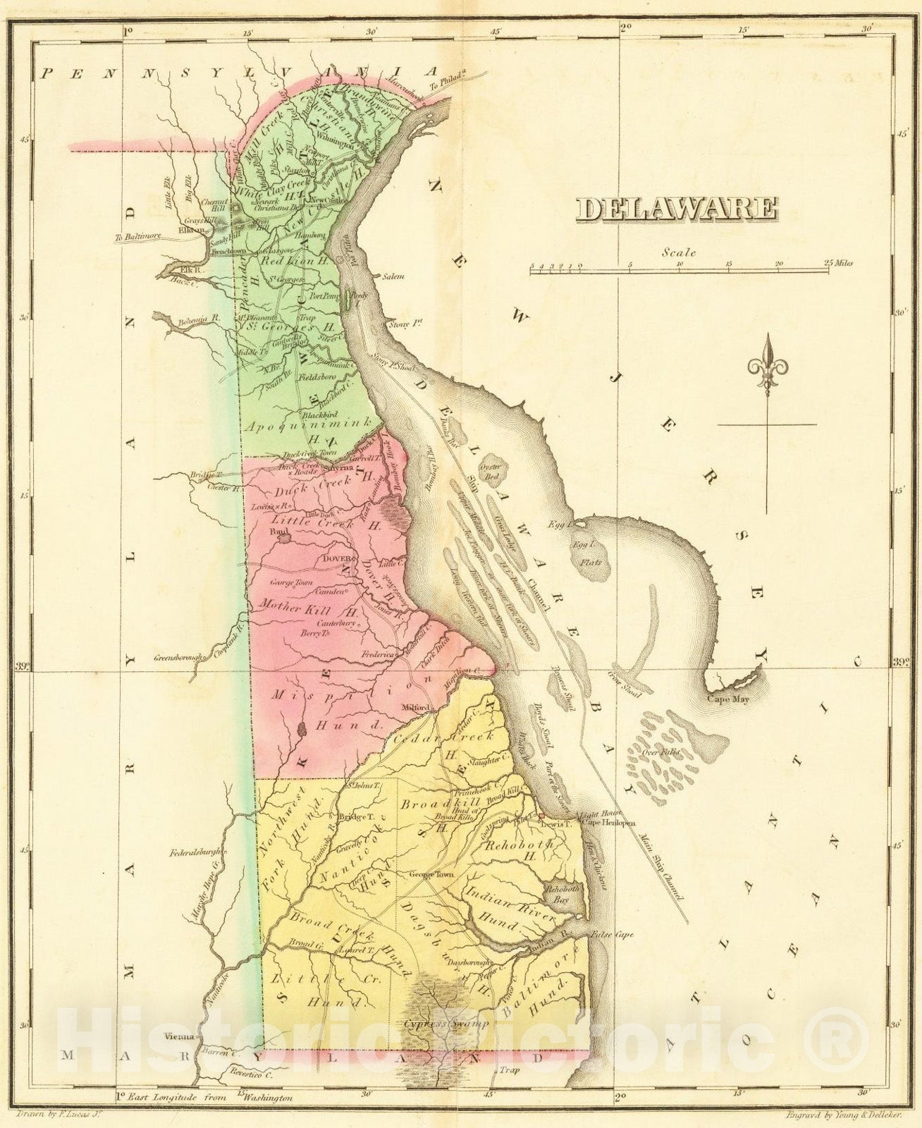 Historic Map : Geographical, Historical and Statistical Map of Delaware, 1822, Henry Charles Carey, v2, Vintage Wall Art