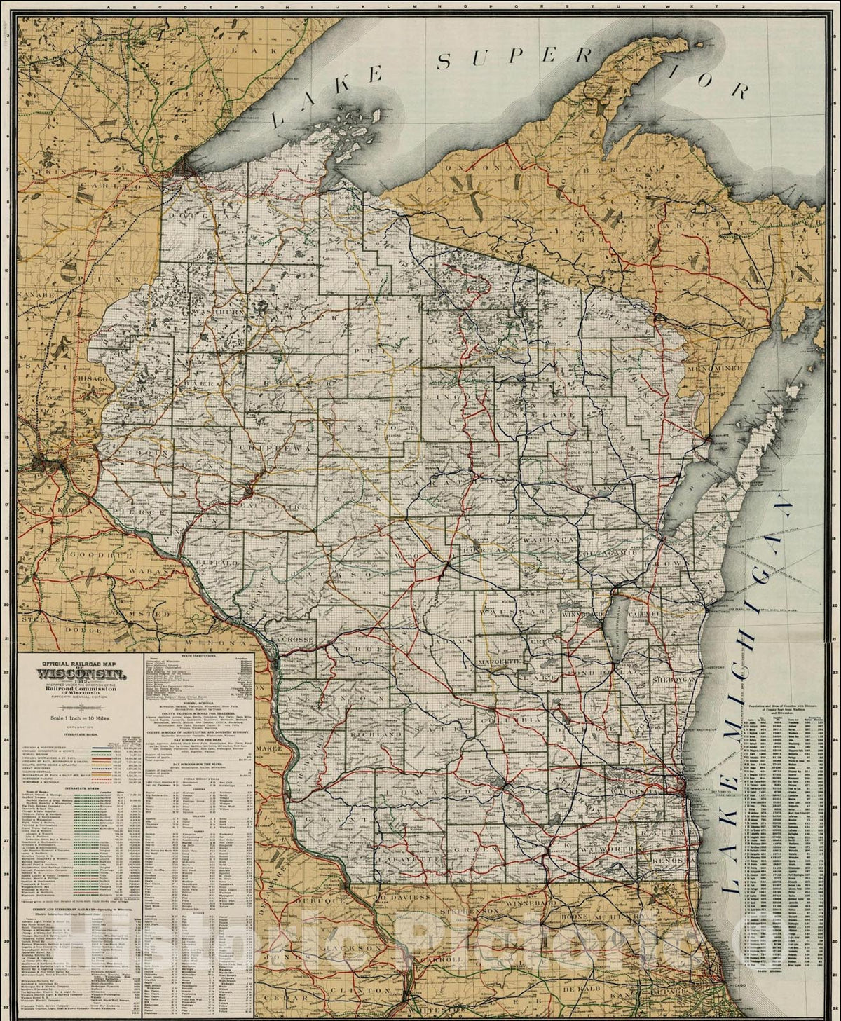 Historic Map : Official Railroad Map of Wisconsin. 1912. Prepared Under The Direction of the Railroad Commission of Wisconsin., 1912, , Vintage Wall Art