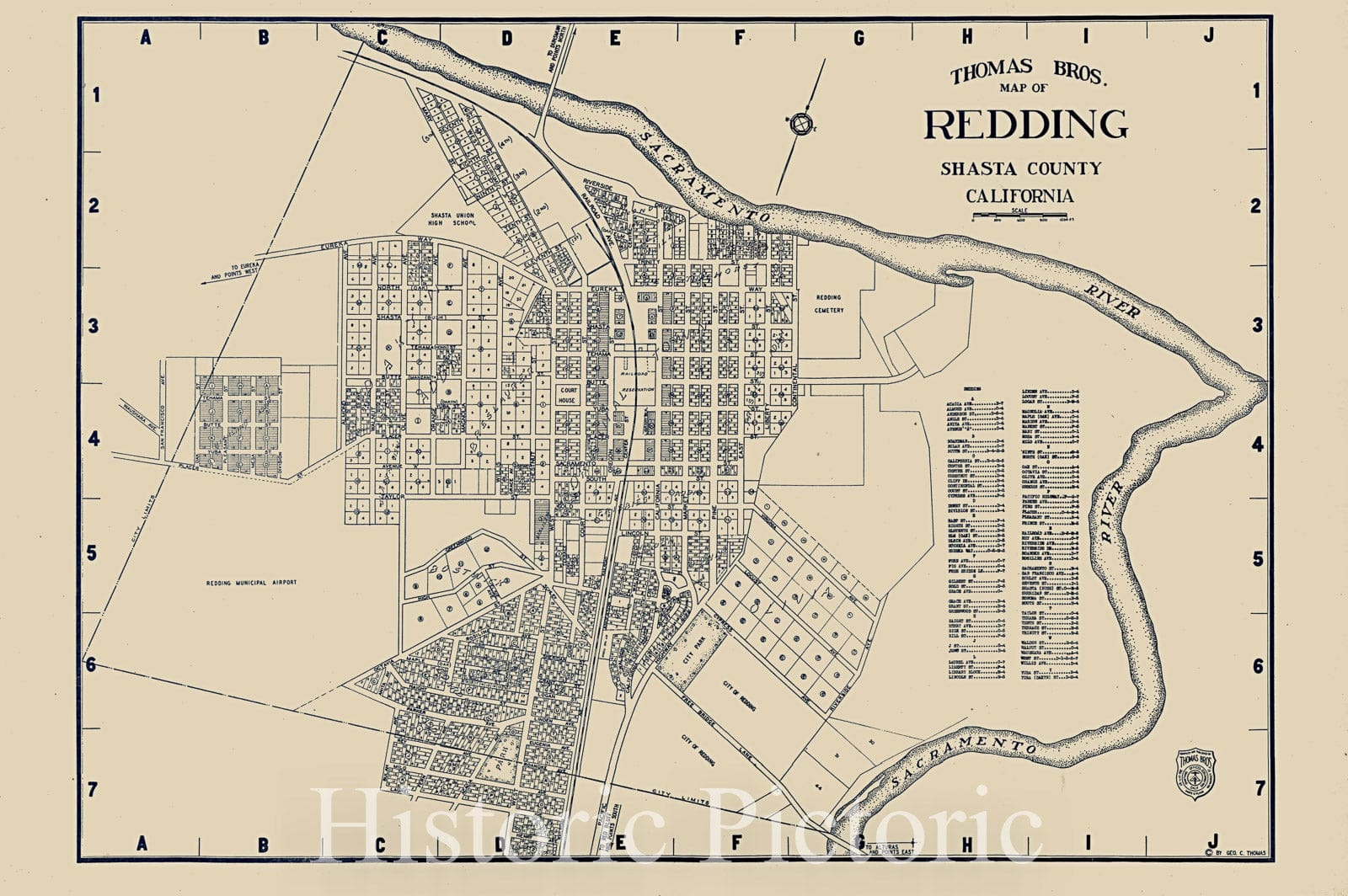 Historic Map : Map of Redding Shasta County California, c1920, Thomas Brothers, Vintage Wall Art