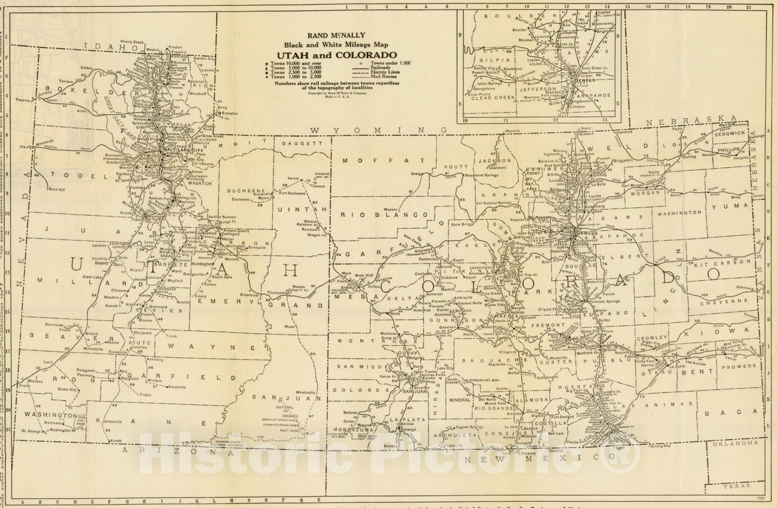 Historic Map : Rand McNally Black and White Mileage Map Utah and Colorado, 1924, Rand McNally & Company, Vintage Wall Art