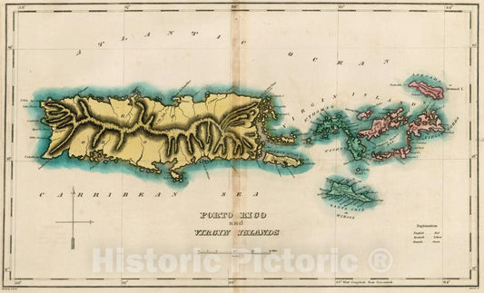 Historic Map : Geographical, Statistical and Historical Map of Porto Rico and the Virgin Islands, 1823, Henry Charles Carey, Vintage Wall Art