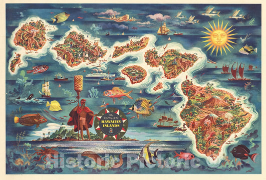 Historic Map : The Dole Map of the Hawaiian Islands, 1950, Hawaiian Pineapple Company, Vintage Wall Art