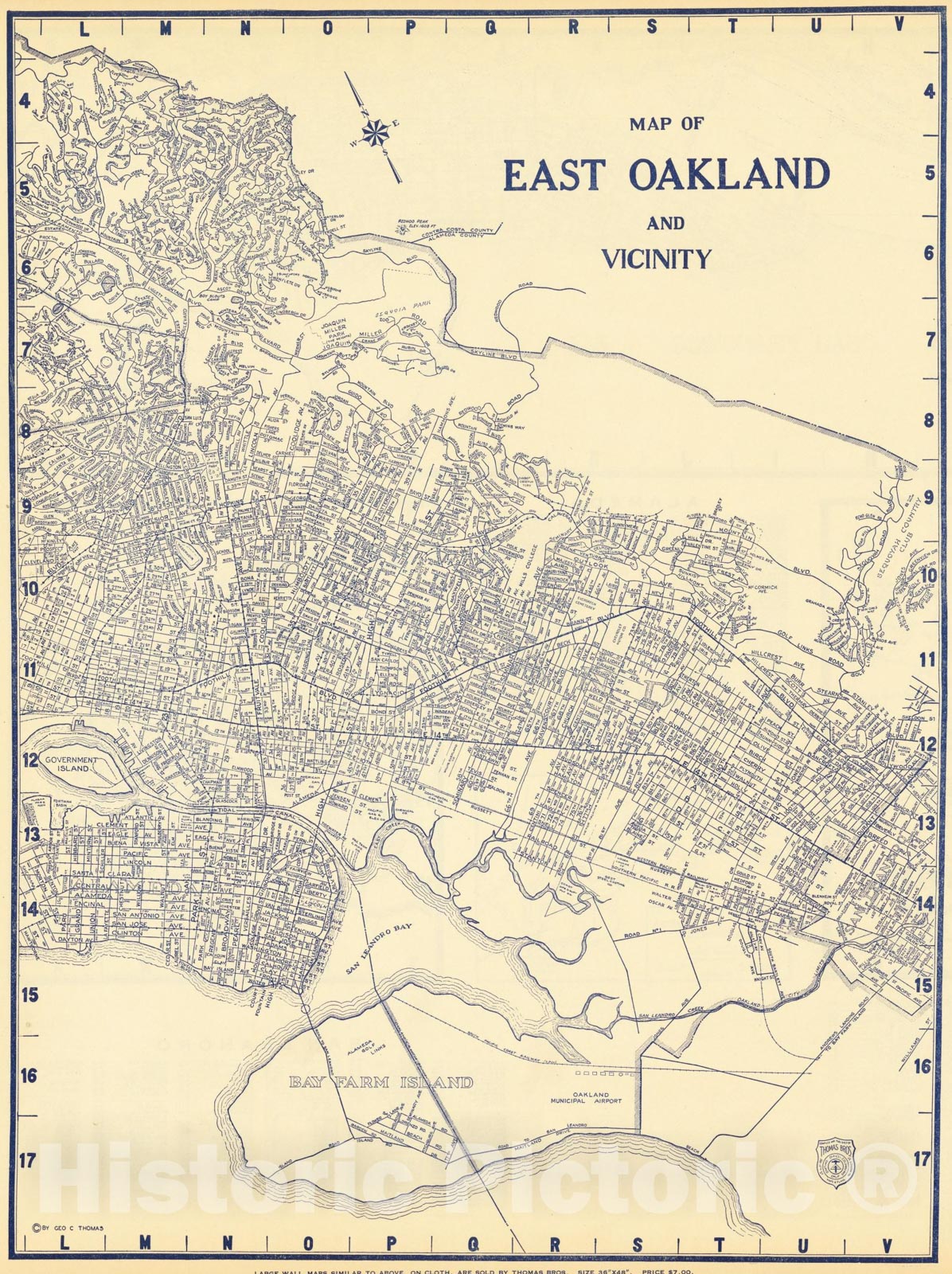 Historic Map : Map of East Oakland and Vicinity (Maps of Piedmont, Alameda, Hayward and San Leandro on verso), 1920, Thomas Brothers, Vintage Wall Art