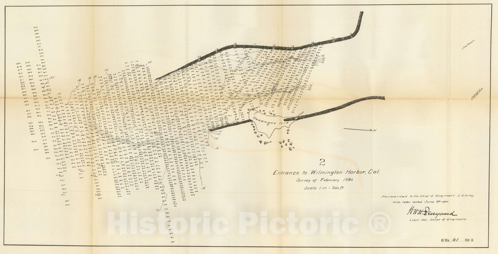 Historic Map : Entrance to Wilmington Harbor, Survey of February 1894 [California], 1894, U.S. Army Corps of Engineers, Vintage Wall Art