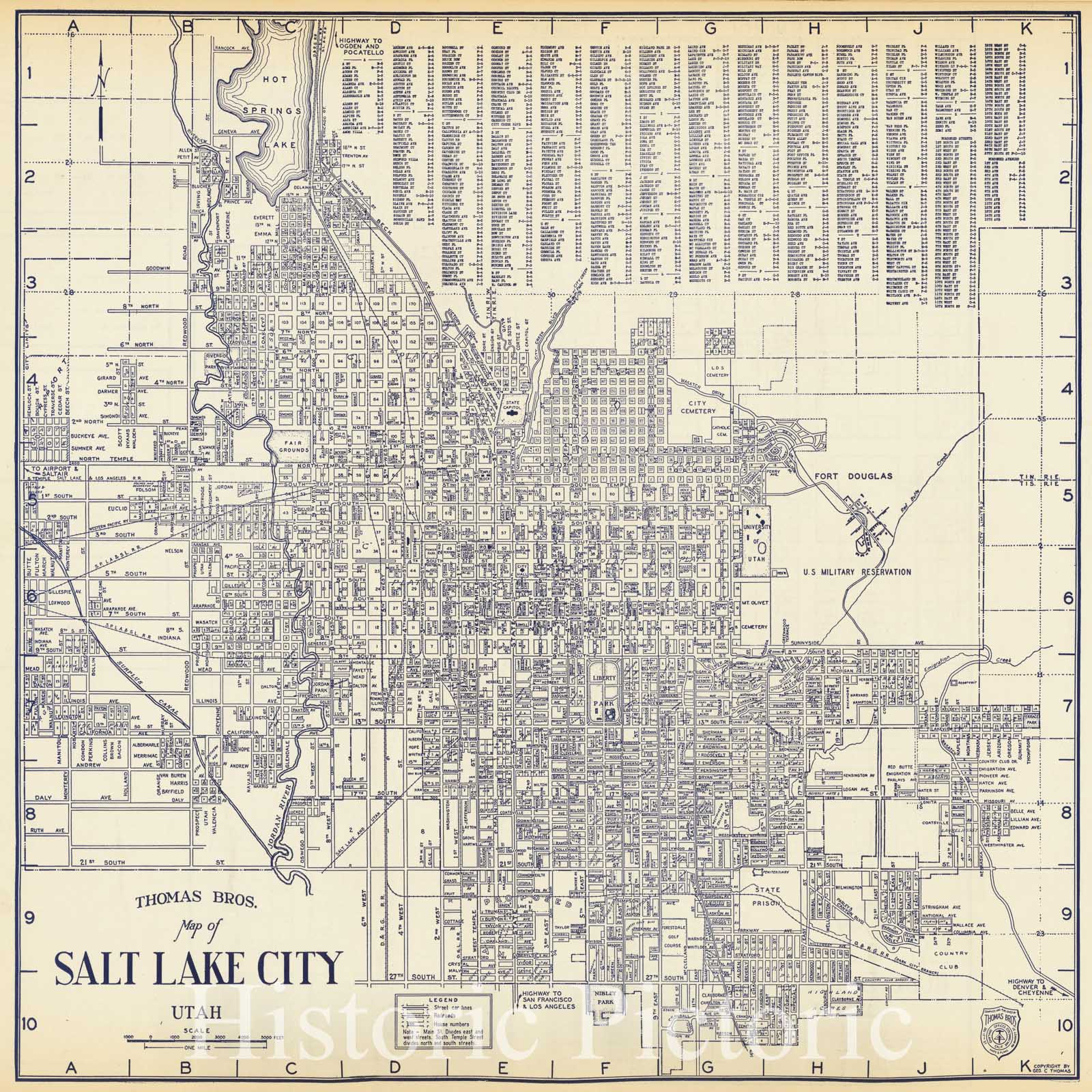 Historic Map : Thomas Bros. Map of Salt Lake City Utah (with Salt Lake City Business District on the Verso), 1920, Thomas Brothers, Vintage Wall Art