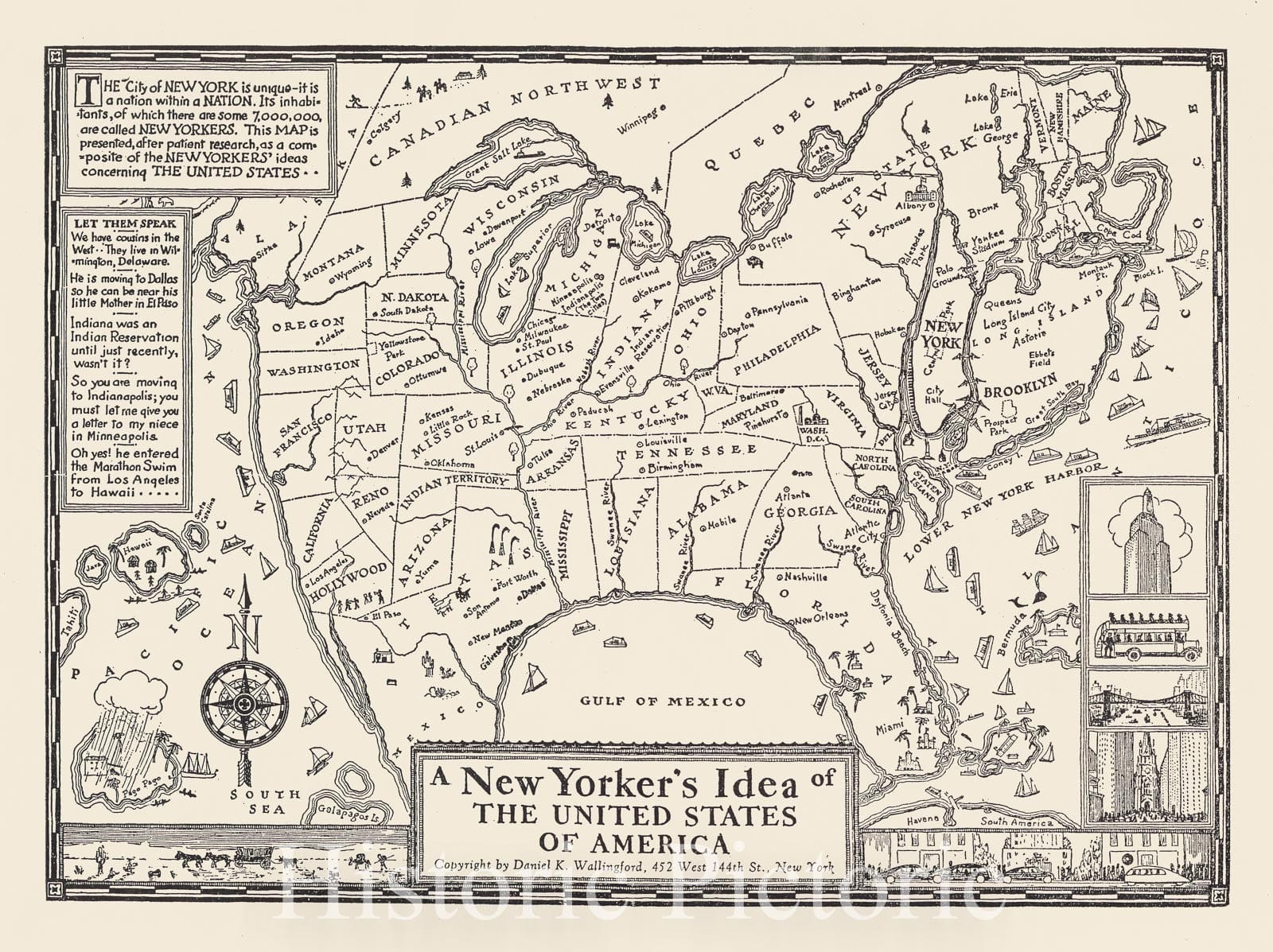 Historic Map : A New Yorker's Idea of the United States of America (with letter from Wallingford and price list), 1935, Daniel K. Wallingford, Vintage Wall Art