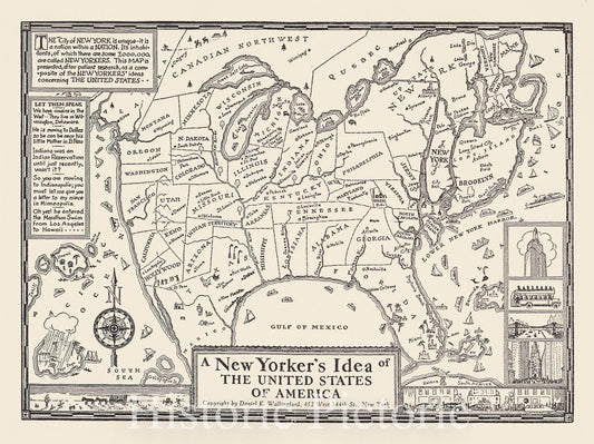 Historic Map : A New Yorker's Idea of the United States of America (with letter from Wallingford and price list), 1935, Daniel K. Wallingford, Vintage Wall Art