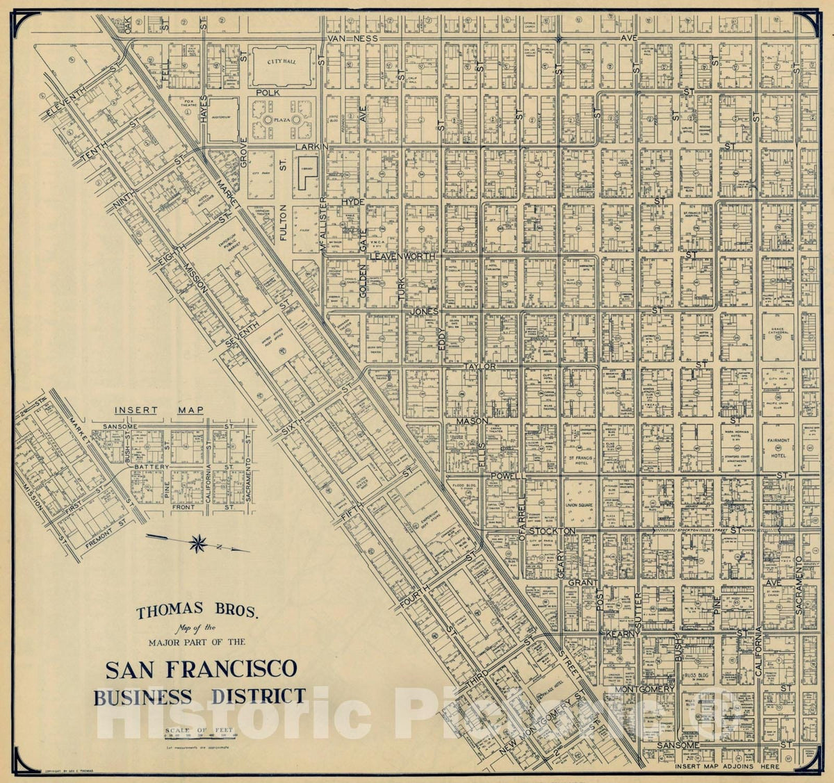 Historic Map : Map of the Major Part of the San Francisco Business District, c1920, Thomas Brothers, Vintage Wall Art