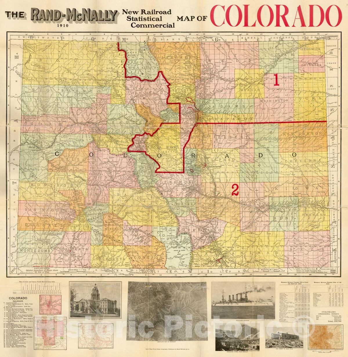 Historic Map : The Rand-McNally New Railroad Statistical Commercial Map of Colorado 1910 (Folding Map), 1910, Rand McNally & Company, Vintage Wall Art